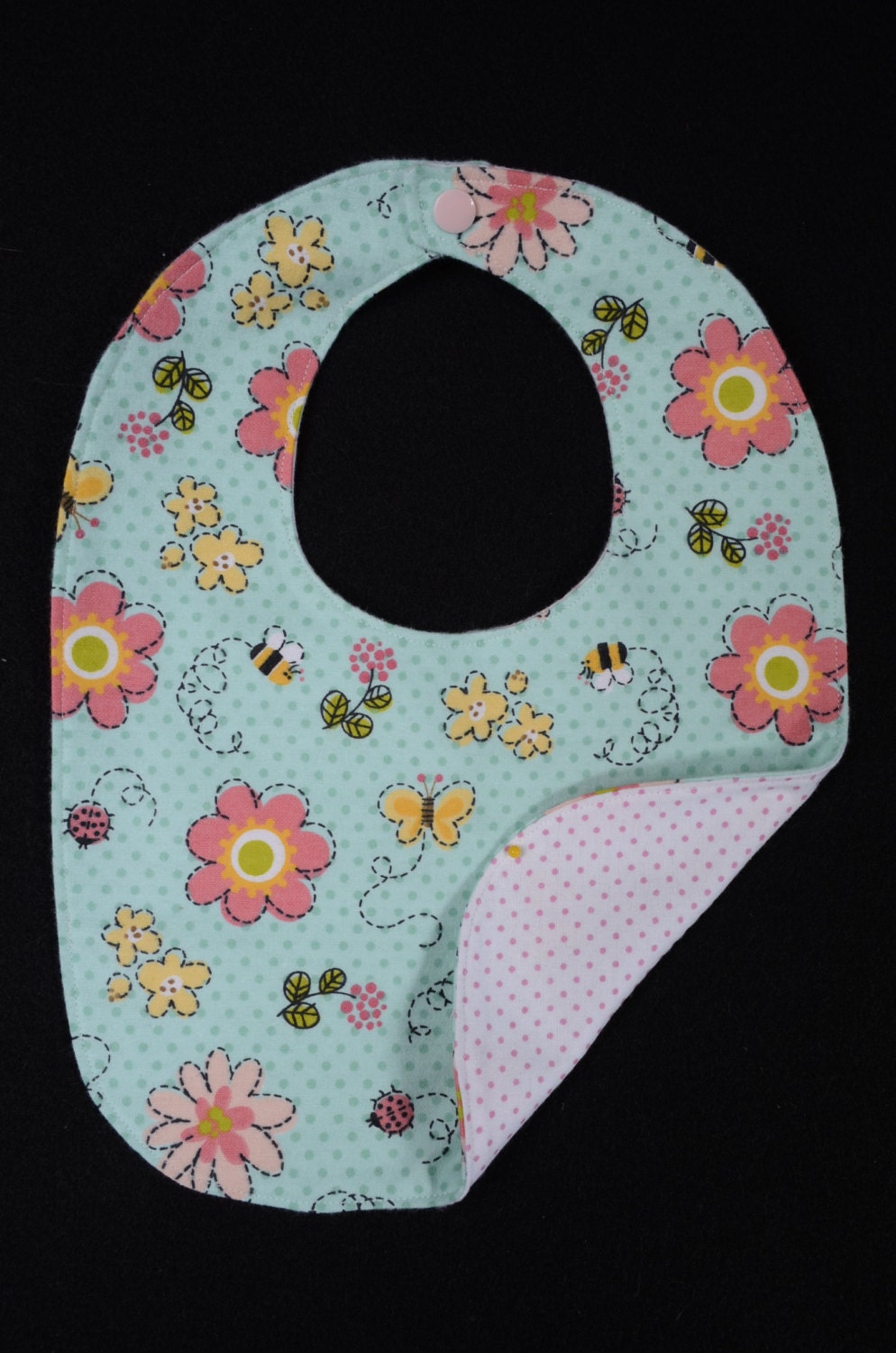 Cotton Flannel Reversible Baby Girl and Bumble Bee Bib with Snap