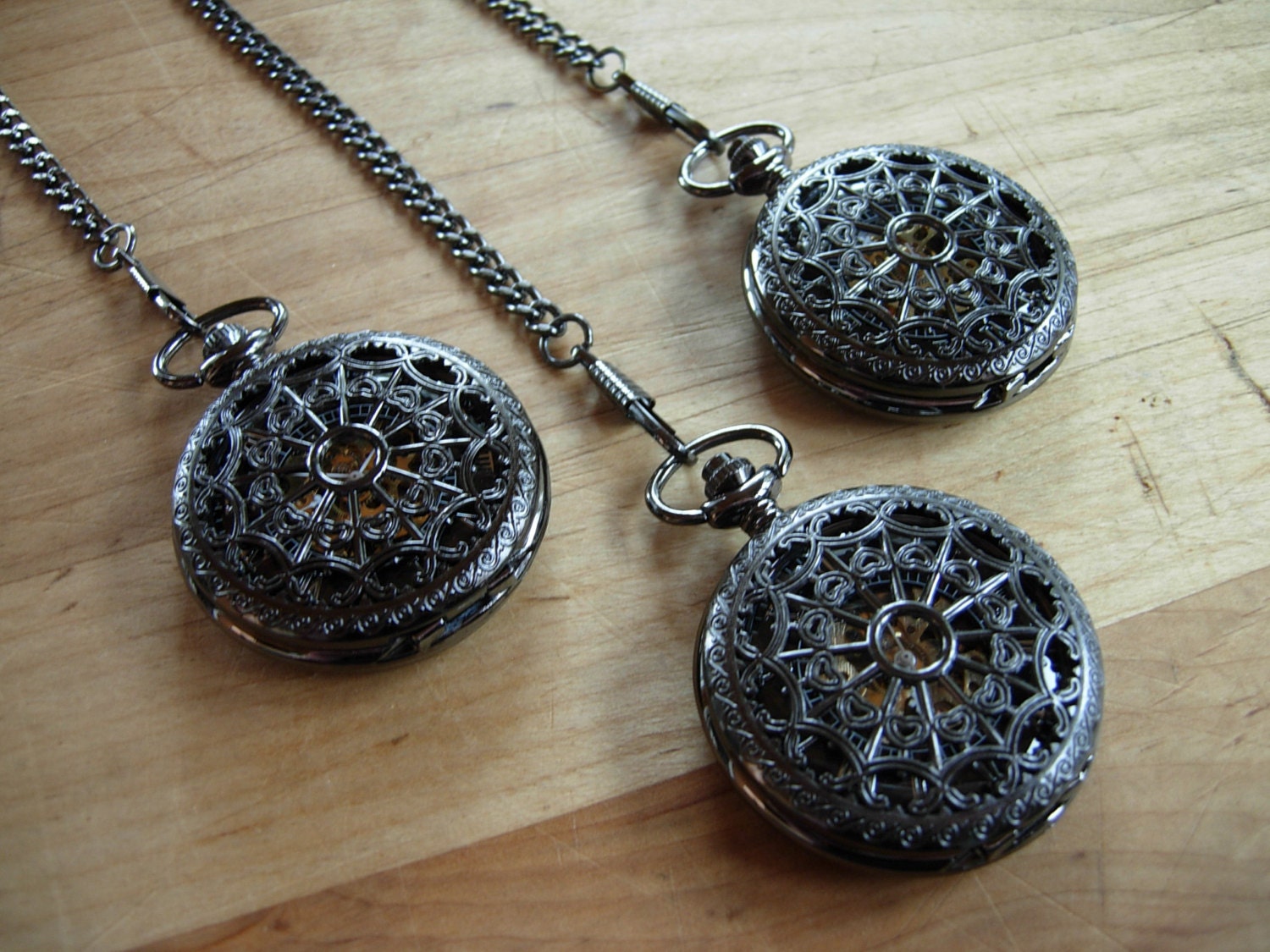 Set of 3 Black Gunmetal Steampunk Mechanical Pocket Watch Best Man Groomsmen Gift