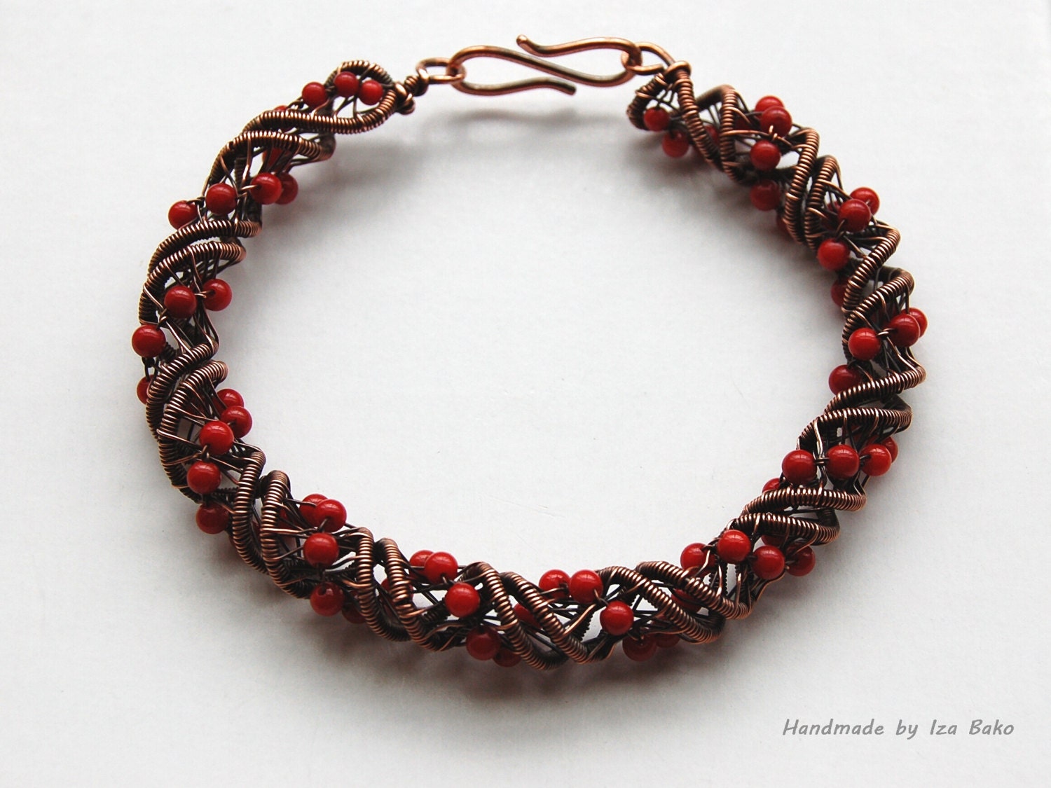 One of a Kind, Copper and Coral Wrapped Spiral Bracelet