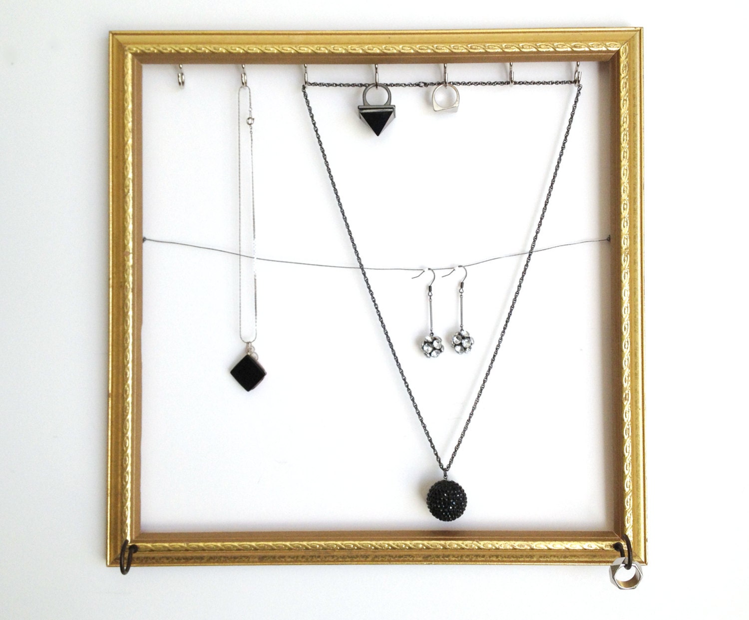 Square Gold Bronze Wood Jewelry Organizer Display Frame Upcycled and Repurposed