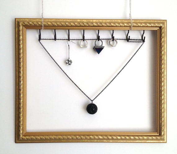 Gold Bronze Wood Jewelry Organizer Display Frame Upcycled and Repurposed