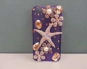 Ready to Ship, Pave Starfish and Flowers Purple Iphone 4 4S Custom Cell Phone Case, Bling Cell Case, Phone Case