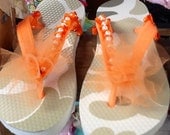 Girls Flip Flops Summer sandals shoes desert camo with orange tulle pearls grosgrain ribbon city to beach