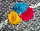 Shabby Chiffon Flower Headband-Sequin Bow-Sparkly Rhinestone-on Yellow/Purple/Pink/Blue/Green Polka Dot Elastic-Baby Girl Headband