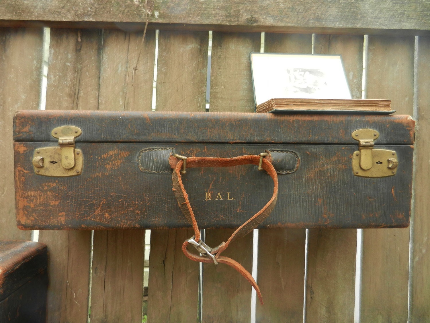 Vintage 1930's Black Suitcase Shelf Luggage Unit with a Unique Leather Strap - Top Half with Handle Left