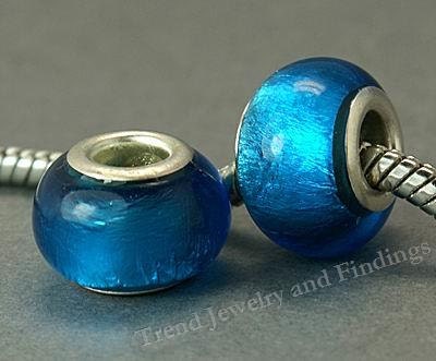 BULK - 20 pcs Blue Murano glass BEADS fit European Style charms bracelets, Large hole silver core , jewelry making supplies lot