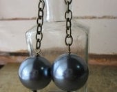 Extra Large Pearl Earrings - Antique Bronze Tones -  Slate Grey Pearl -  French Earwires  - Chain - Vintage  Look