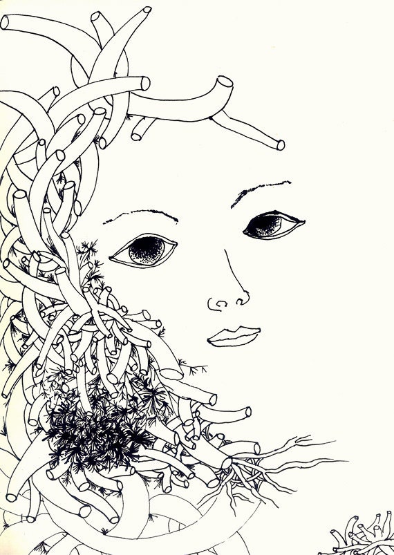 Pen and Ink Drawing Illustration Art Black and White Digital Print Girl Gift Women Plants Home Decoration Vintage Fantasy Unique Special