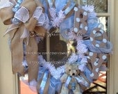 Free Shipping - Custom Baby Boy Wreath, Nursery Wreath, Burlap, Shower Gift, Baby Wreath, Boy, Hand Painted Letters, Blue
