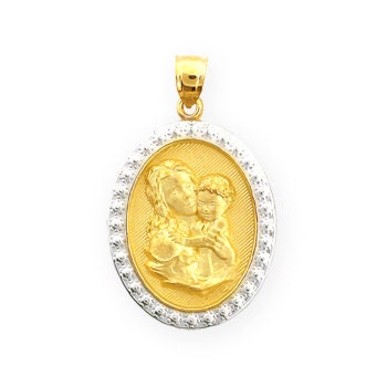 two tone 14kt white and yellow gold mother & child oval pendant
