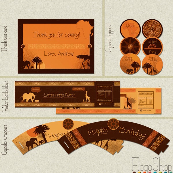 Safari birthday party kit printable African theme Cupcake toppers Wrappers Invitation Banner Bottle labels Package Orange Brown Il_170x135