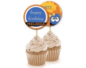 8 Monster Birthday Party Printable Cupcake Toppers Decorations Custom Labels Candy Stickers / Scrapbook / Orange blue yellow Kids boys girls Il_170x135