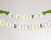 Happy Birthday 2 Tier Banner- Green, blue, yellow, red, polka dots. Whimsical party decoration. Paper garland prop. Festive sign.