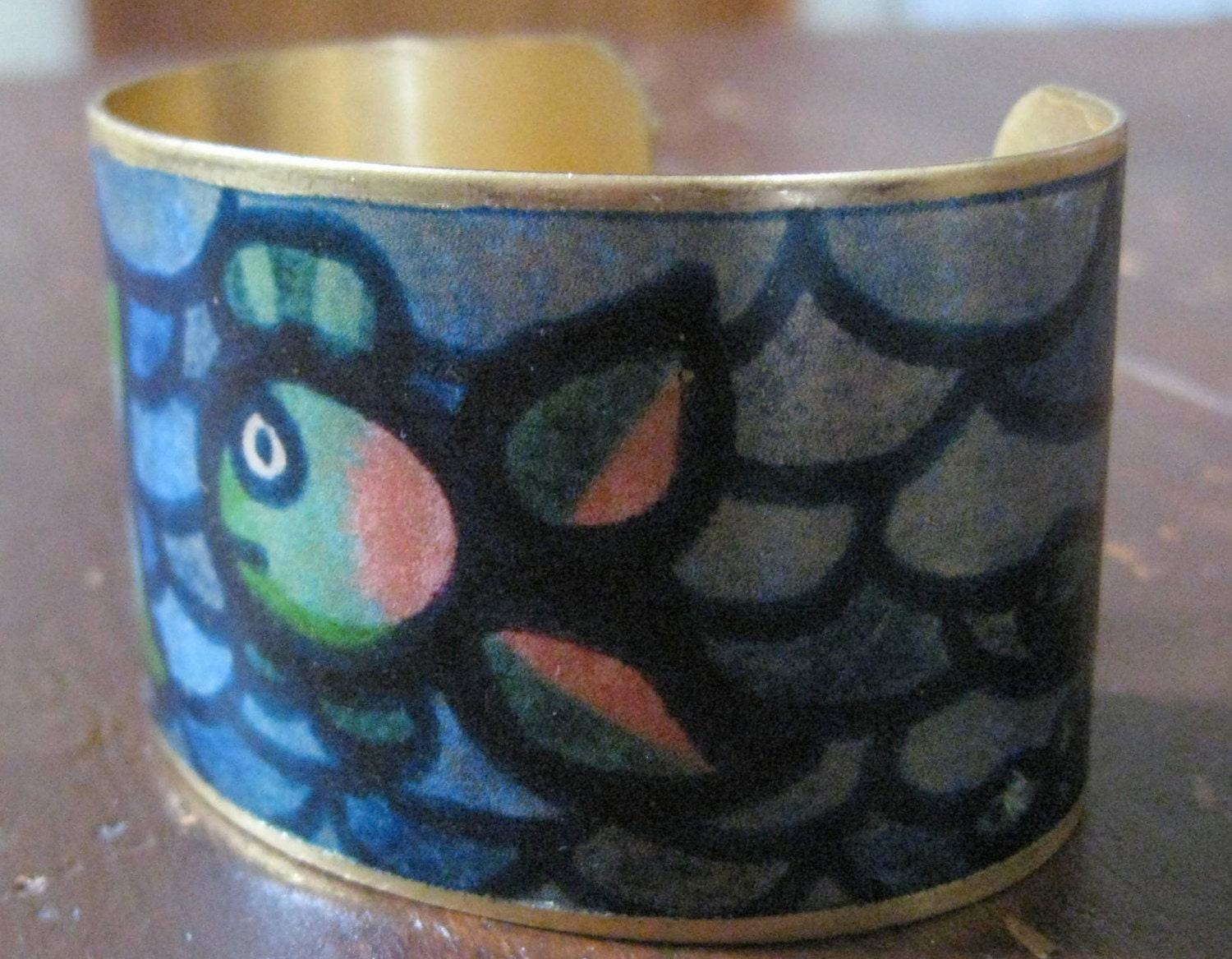 Cartoon Fish Cuff Bracelet - Brass Cuff With Fish Drawing - Spring Summer Jewelry - Image Transfer