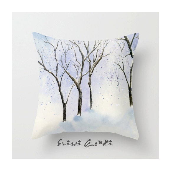 Winter in Blue , Art Watercolor Painting print by Suisai Genki, Pillow Cover - 16x16" - 18x18", Blue, Purple, Black