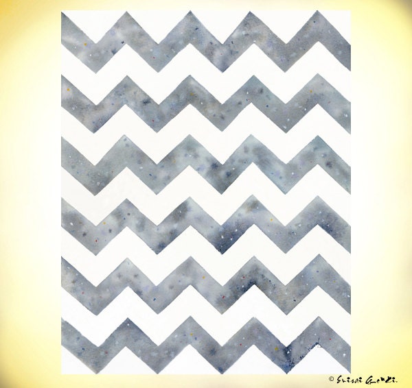 Raining Chevron, Alloy Chevron, Grey Chevron, 5x7 , Giclee Print , Watercolor painting by Suisai Genki, Grey, Black, White, Alloy, Wall Art
