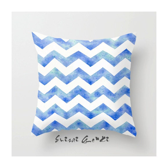 Monaco Blue Chevron, Marine Chevron, Ocean Chevron, 16x16, 18x18, Pillow Cover, Watercolor painting by Suisai Genki, Monaco Blue,