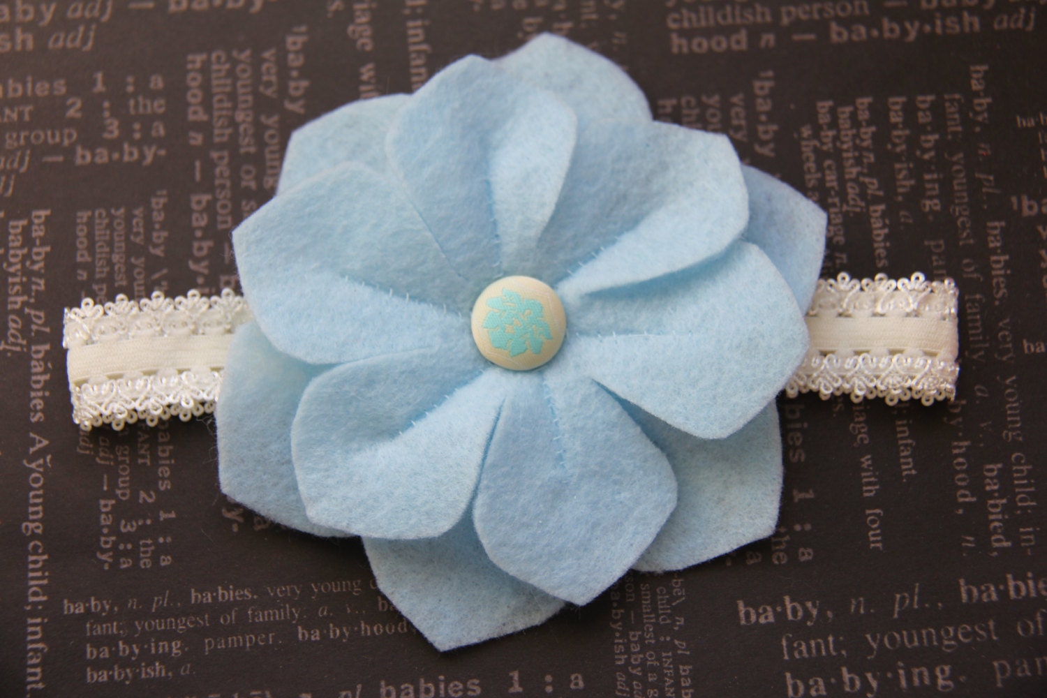 Baby Headband- Hand Sewn Vintage Inspired Blue Felt Primrose Rose Flower - Infant Headband - Toddler Headband with Ivory Cream Lace Band