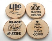 Rustic Birch wood coasters wooden unique coaster Good morning sunshine, Keep calm and make coffee, set of 4