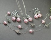 Sale -Set of NECKLACE EARRING BRACELET Wedding Bridal Jewelry Bridesmaid Jewelry-Bridesmaid gifts ,rose light pink bridesmaid gifts