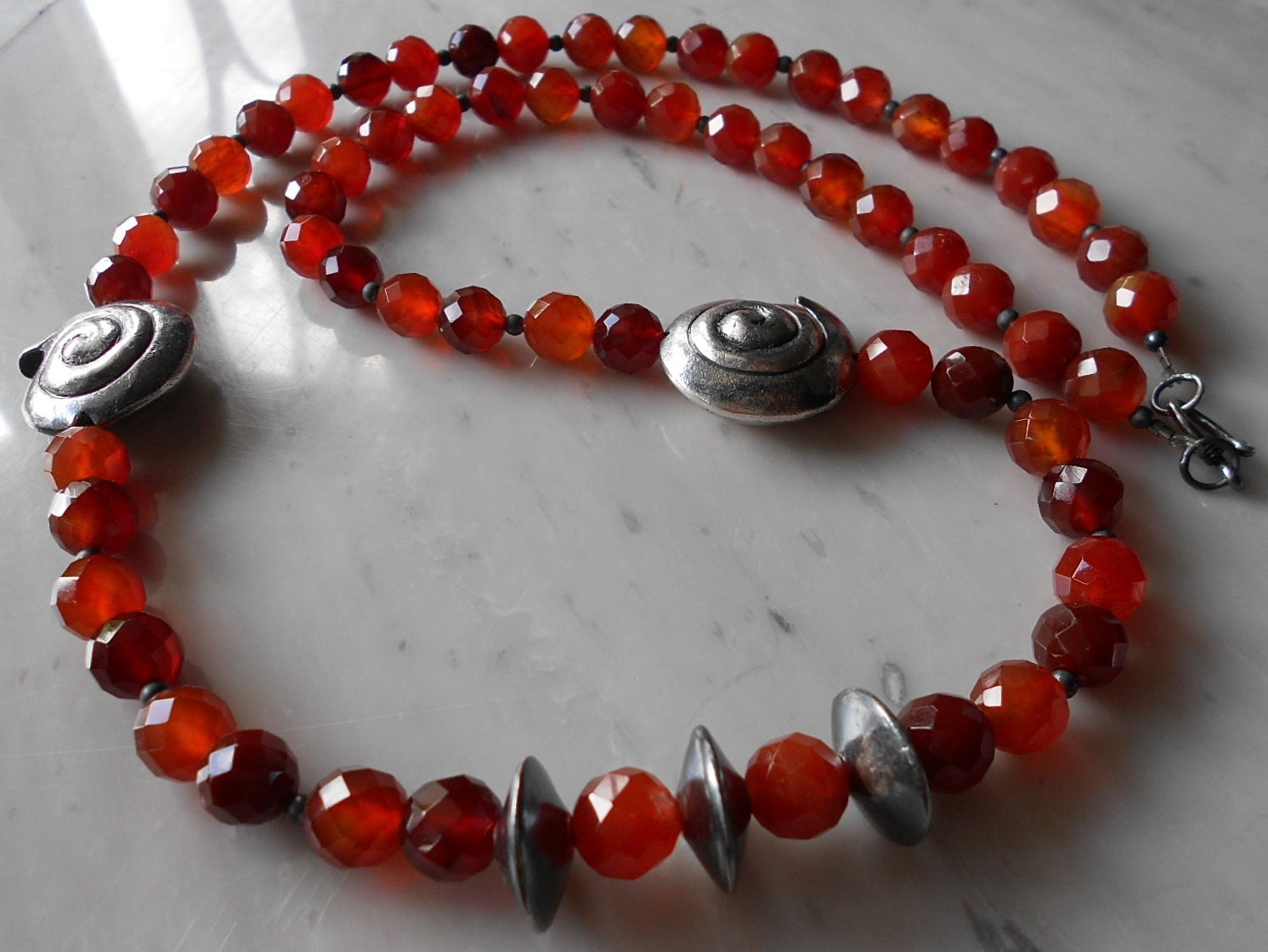Get FREE Matching Bracelet & Earrings - Vintage Long Orange Brown Carnelian Necklace - Silver Whirl Conch Pendant - Natural Stone Jewelry