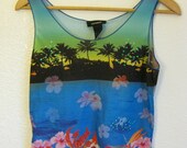 Vintage 90's // 1990's Hawaiian OMBRE Summer Floral Tropical Seapunk Cyber Tank Top SMALL