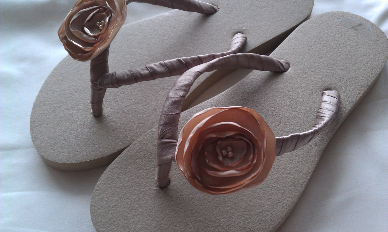 Gold/Tan Flip-Flop Wrapped with Gold Satin Ribbon and Accented with Gold Fabric Flower