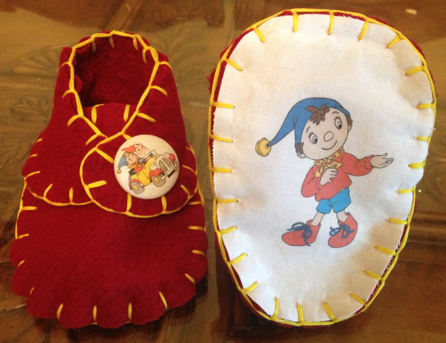 Retro Noddy red yellow baby booties - handmade Enid Blyton Bigears cartoon wool felt slippers with buttons