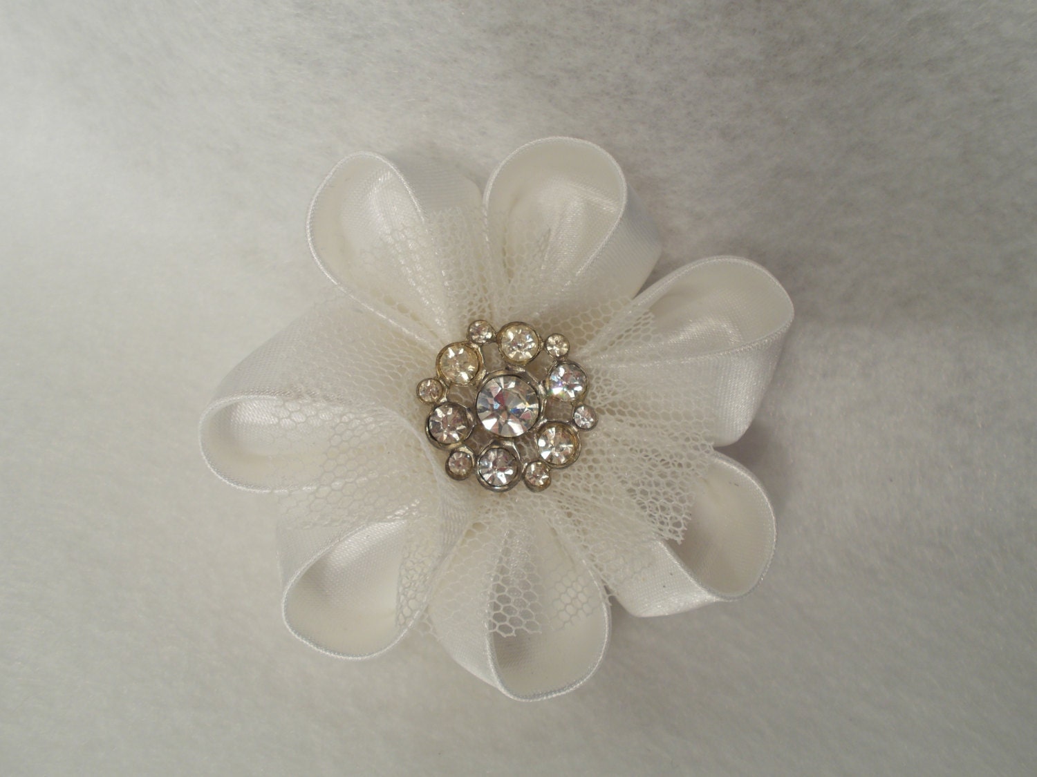 Handmade Bridal Comb, Kanzashi Flower, Approx 3 inches wide with metal comb and vintage rhinestone center