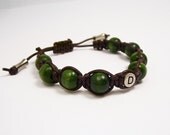 Custom Letter Macrame Bracelet Personalized Womens Bangle - Dark Green Wood Beads, Brown Leather Cord, Adjustable