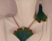 Gingko Pendant and Earrings. Polymer Clay. Freshwater Pearls. Turquoise, Green and Gold. Handcrafted.