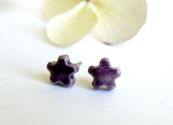 Tiny Purple Stud Earrings Eggplant Ceramic Flowers Pottery Jewelry Surgical Steel Posts
