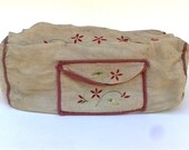 Lovely French Folk Art Appeal Embroidered Linen Sewing Knitting Bag Vintage Shabby Chic French Cottage Rustic Linen Sewing Knitting Bag