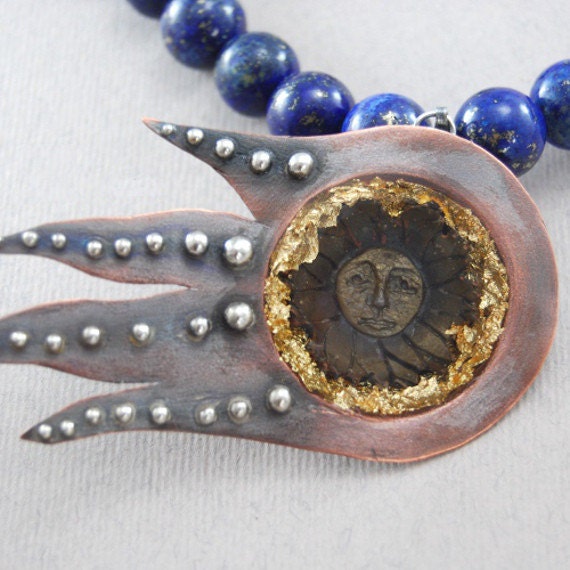 Comet - copper and resin pendant necklace with lapis lazuli. Handmade metalwork.