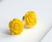 Handmade yellow rose earrings, sterling silver, flowers, dark yellow, resin flower cabochon, flower studs, post earring, Petite Mimi Jewelry