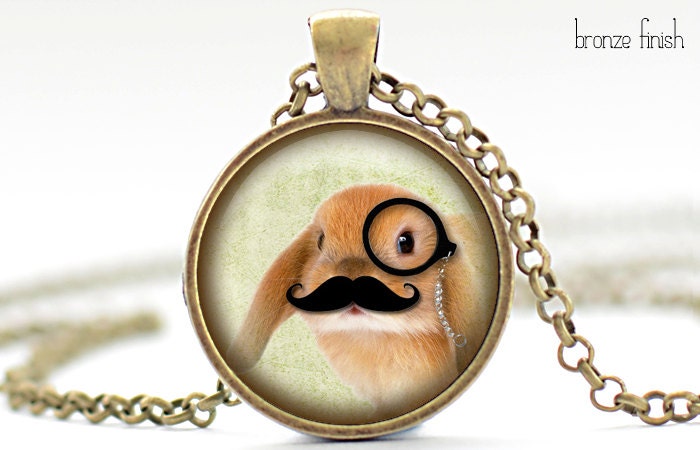 Bunny with a Mustache and Monocle Necklace, Rabbit Art Pendant, Bunny Jewelry, Rabbit Charm (602)