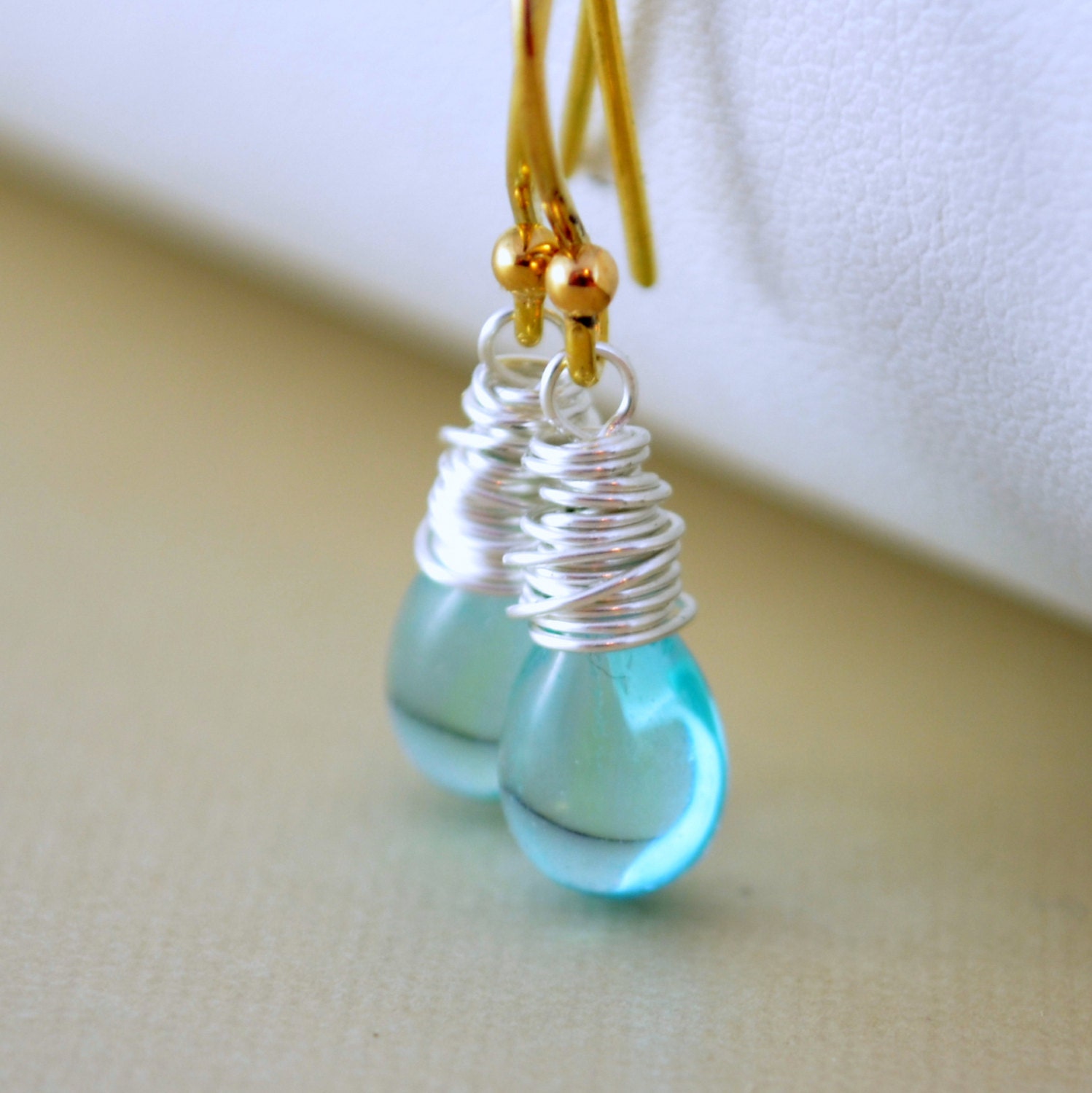 NEW Aqua Earrings, Silver and Bronze Mixed Metal, Smooth Blue Green Teardrop Beads, Summer Wire Wrapped Jewelry
