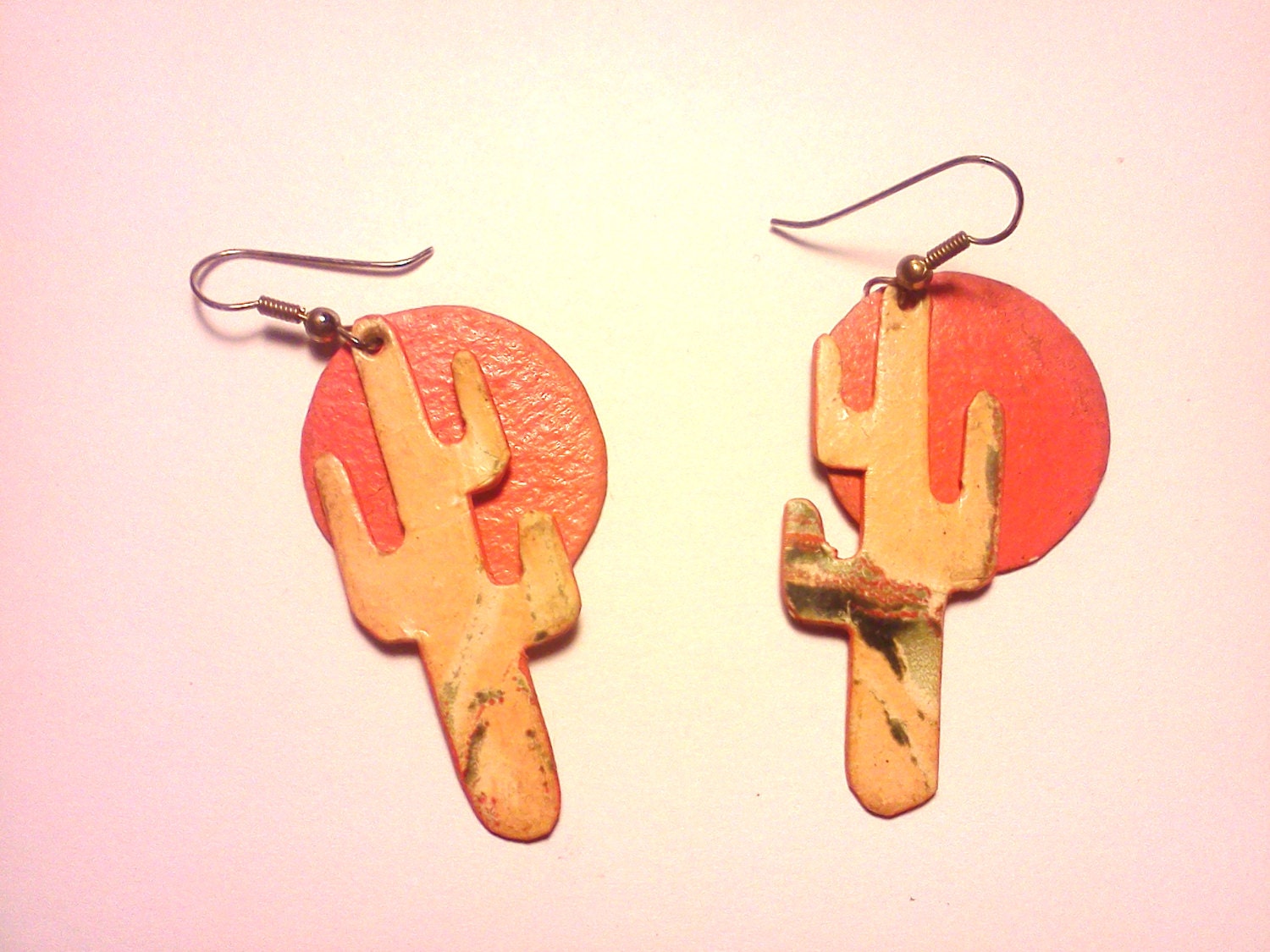 Vintage Pink Leather Handmade Texas Arizona Pride Cactus Earrings Desert