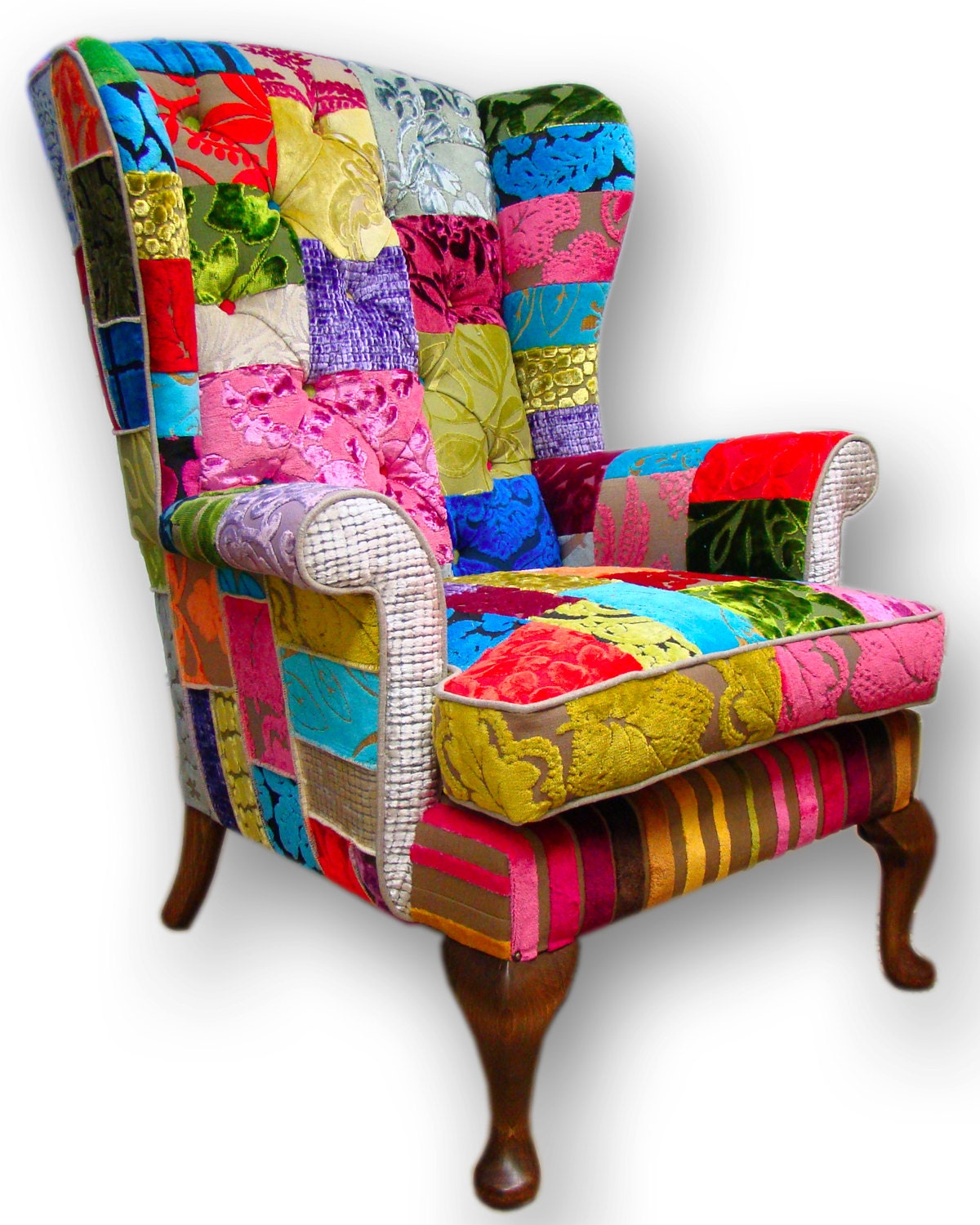 Patchwork deep buttoned armchair in Designers Guild velvets