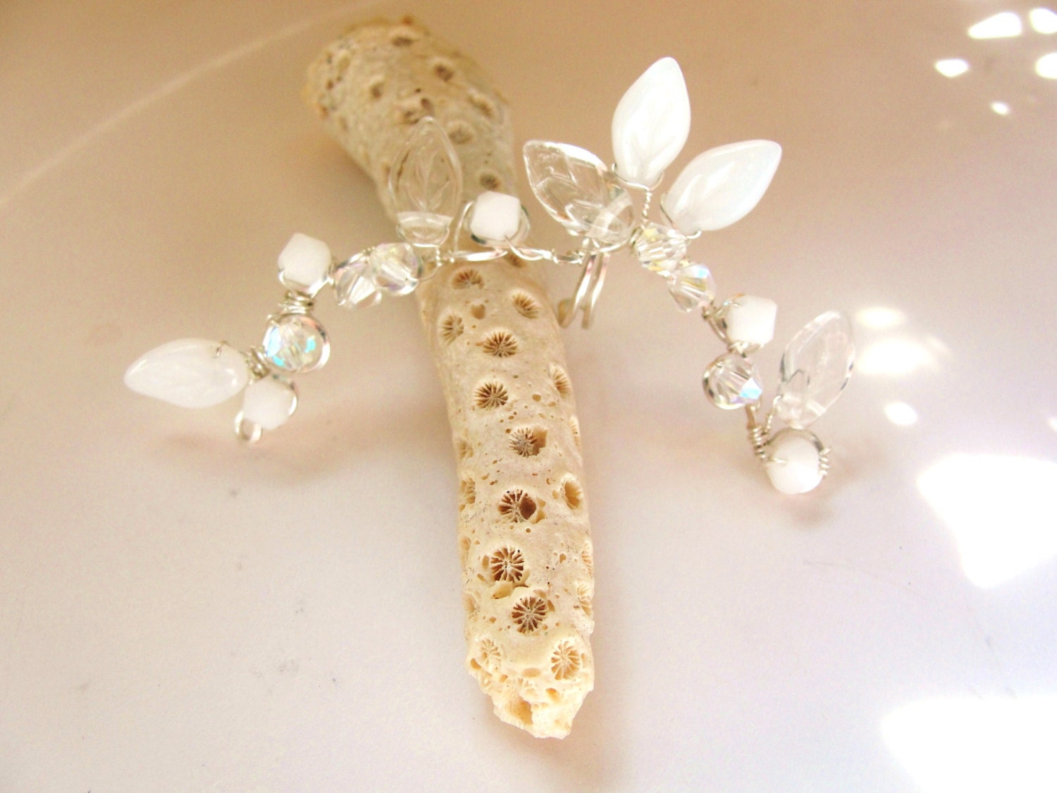 Elegant, Sterling Silver Ear Cuff, Moonstone White Czech Leafs, Snow White, Swarovski Crystals, Ear Vine, Bride, UniqueTwisted Wire Wrapped