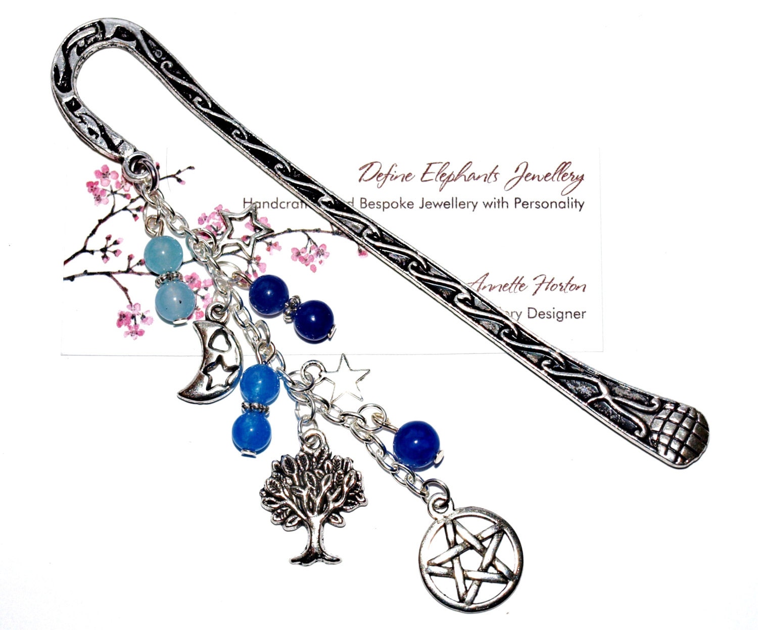 Pagan Pentacle Antique Silver Plated Bookmark, with Blue Aquamarine, Lapis Lazuli, and Chalcedony Gemstone Beads.