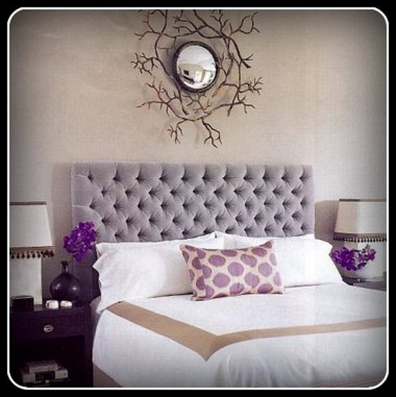 Custom Upholstered Headboard with Diamond Tufting - Shown in a King Size and in Light Gray Plush Velvet