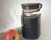Festival Water Bottle: Recycled Mason Jar, Tooled Leather Sleeve, Attatched Cap. Celtic Wolf design.