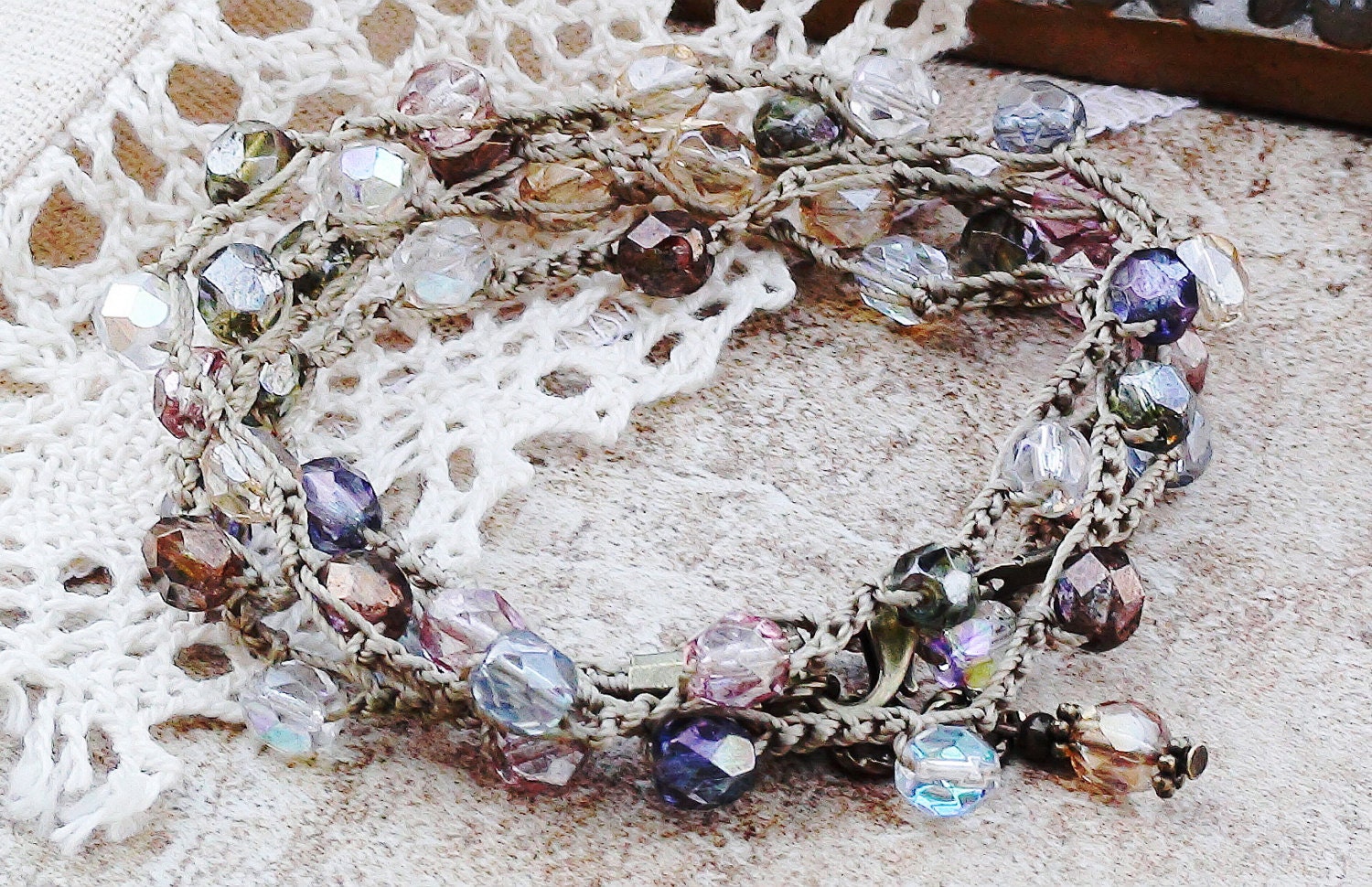 Beaded Crochet Bracelet Wrap Earth Tone Czech Glass Beads Beaded Bracelet Necklace Anklet Boho