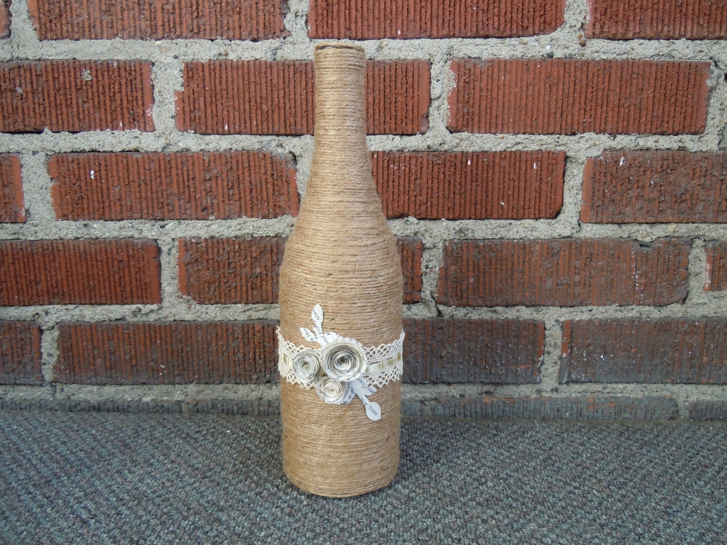 Twine Wrapped Wine Bottle with Decorative Paper Flowers
