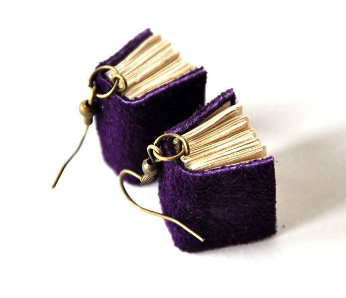 FREE SHIPPING violet books earrings, purple earrings, mini books jewelry, miniature leather books, journal, notebook, indigo, suede journal