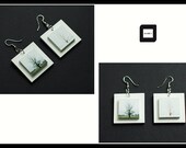 Minimalistic, abstract, geometric, white, green, handmade, statement, drop earrings - with tree color photo