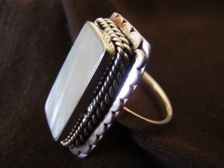 Sterling Silver Adjustable Ring set with Rectangular White Mother of Pearl