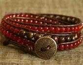 Red Carnelian triple wrap leather beaded bracelet.  Semiprecious gemstone beads, bronzite, pewter leaf button