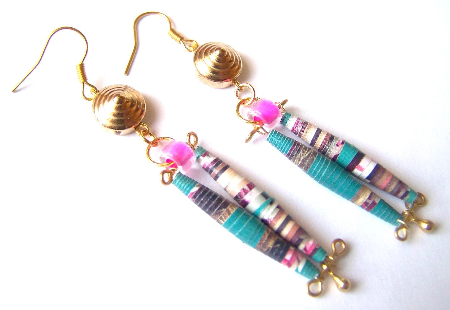 Eco paper green pink beads glass drop dangle earrings golden wire spiral handmade MODERN VISION